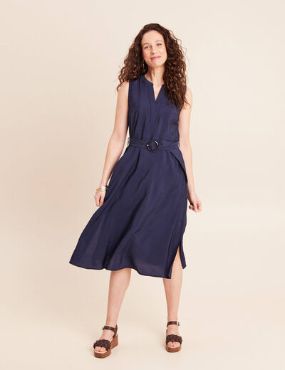 Robe &eacute;vas&eacute;e 3/4 sans manches ceinture bleu marine femme