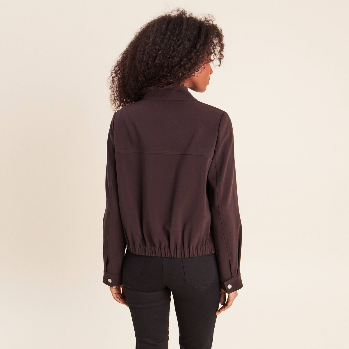 Veste ample courte col montant marron fonc&eacute; femme