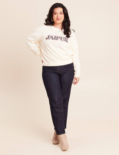 Sweat col rond broderie manches longues ecru femme