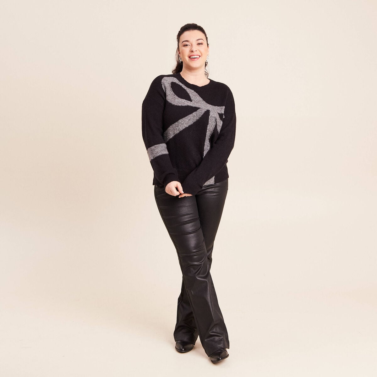 Pull col bateau manches longues noir femme