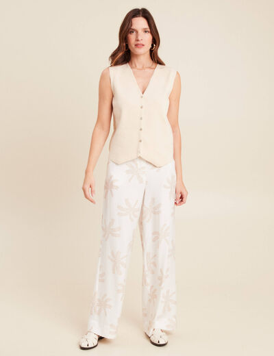 Pantalon large taille haute beige femme