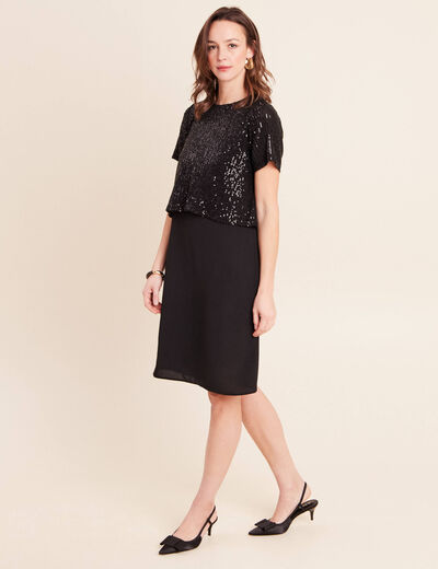 Robe courte &eacute;vas&eacute;e col rond 2 en 1 noir femme