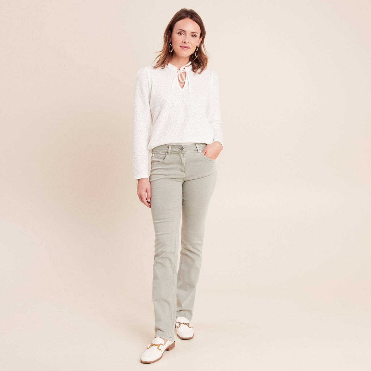 Jean coupe droite taille bascul&eacute;e vert clair femme