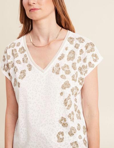 T-shirt droit col V manches courtes ecru femme