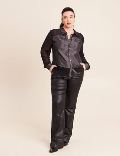 Chemise bi-mati&egrave;re manches longues denim gris femme