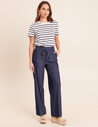 Pantalon coupe large taille haute fluide denim brut femme