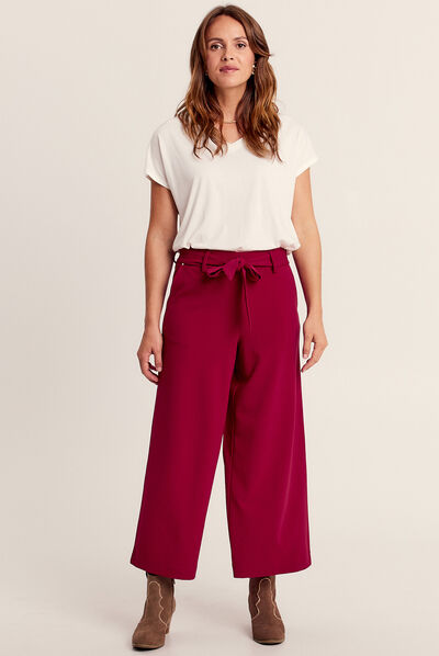 Pantalon large ceinturé rose framboise femme