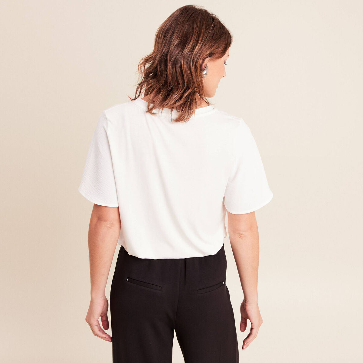 T-shirt bi-mati&egrave;re manches courtes ecru femme