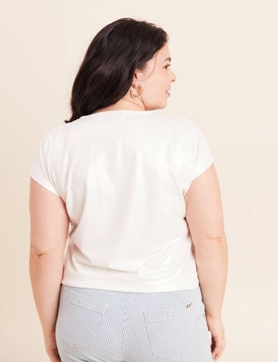 T-shirt col V manches courtes ecru femme