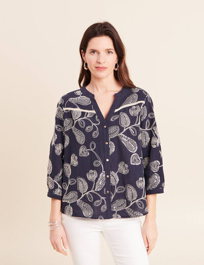 Blouse col tunisien manches 3/4 bleu femme