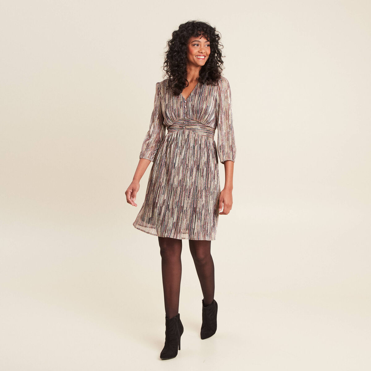 Robe évasée manches 3/4 rose femme