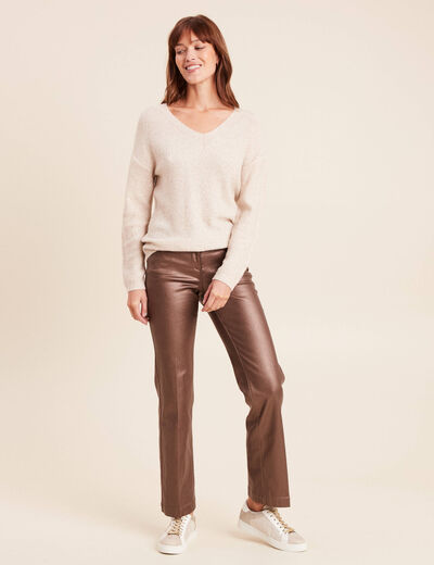 Pantalon enduit coupe large marron fonc&eacute; femme