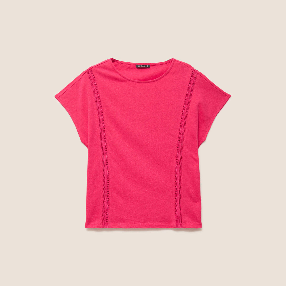 T-shirt col rond macram&eacute; manches courtes rose fushia femme