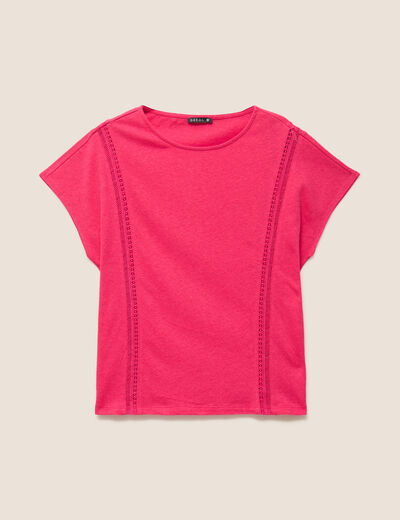 T-shirt col rond macram&eacute; manches courtes rose fushia femme