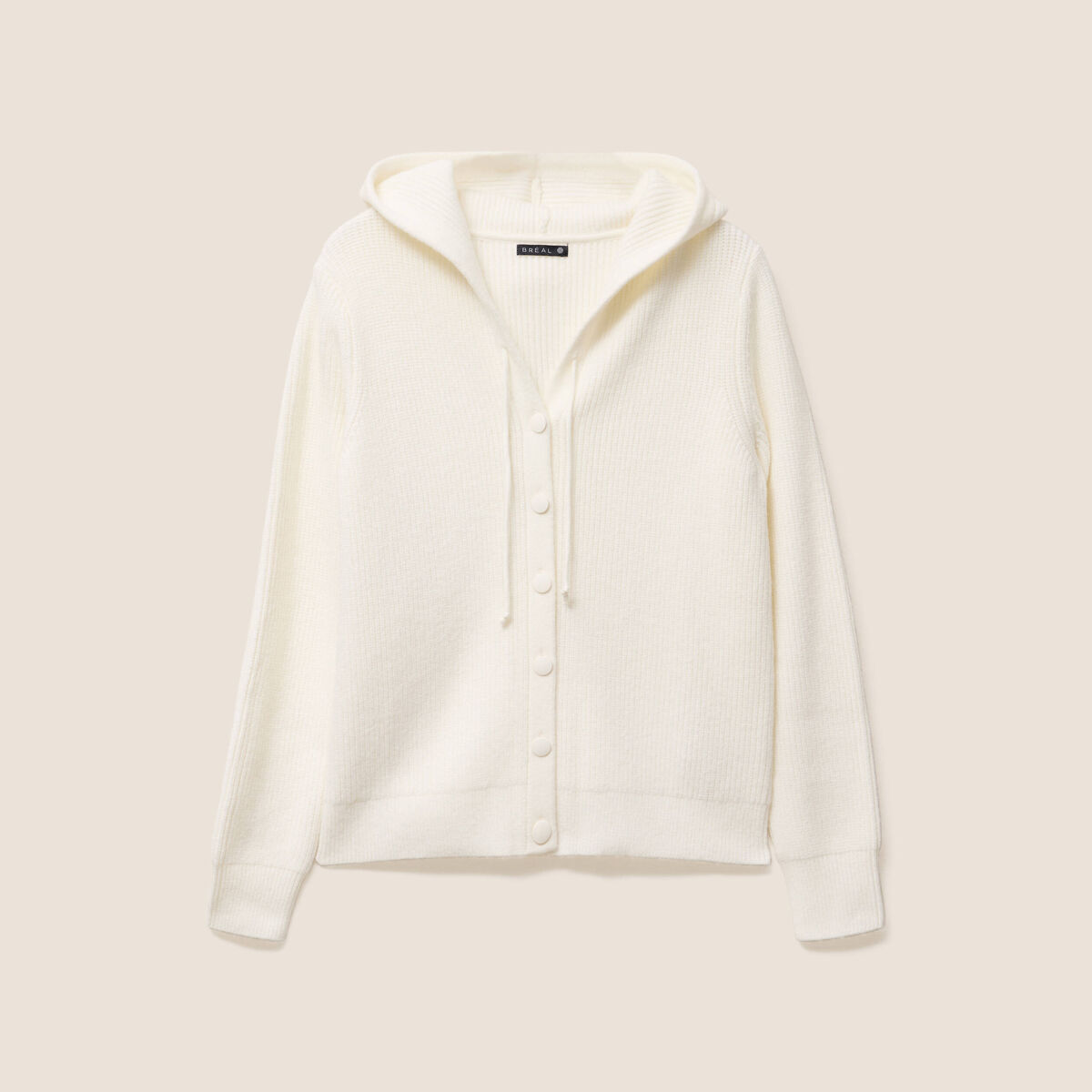 Gilet mi-long à capuche bas resserré ecru femme