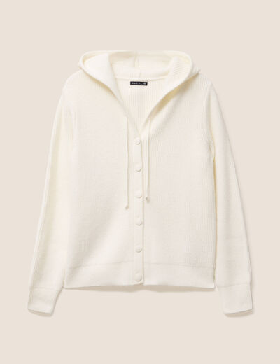 Gilet mi-long à capuche bas resserré ecru femme