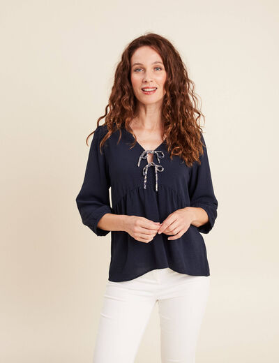 Blouse ample col tunisien manches 3/4 bleu marine femme