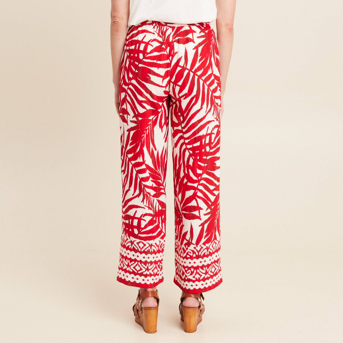 Pantalon large taille haute ecru femme