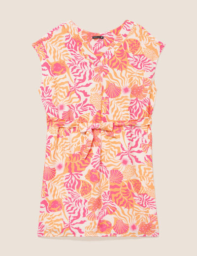 Robe droite courte col v manches courtes rose corail femme
