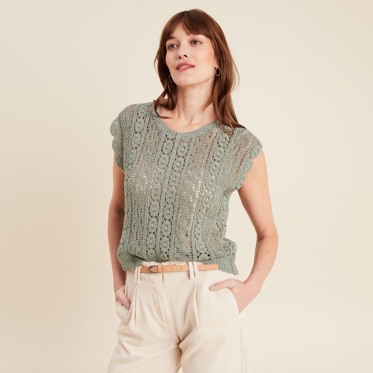 D&eacute;bardeur macram&eacute; vert clair femme