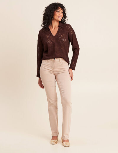 Polo manches 3/4 aspect dentelle marron fonc&eacute; femme