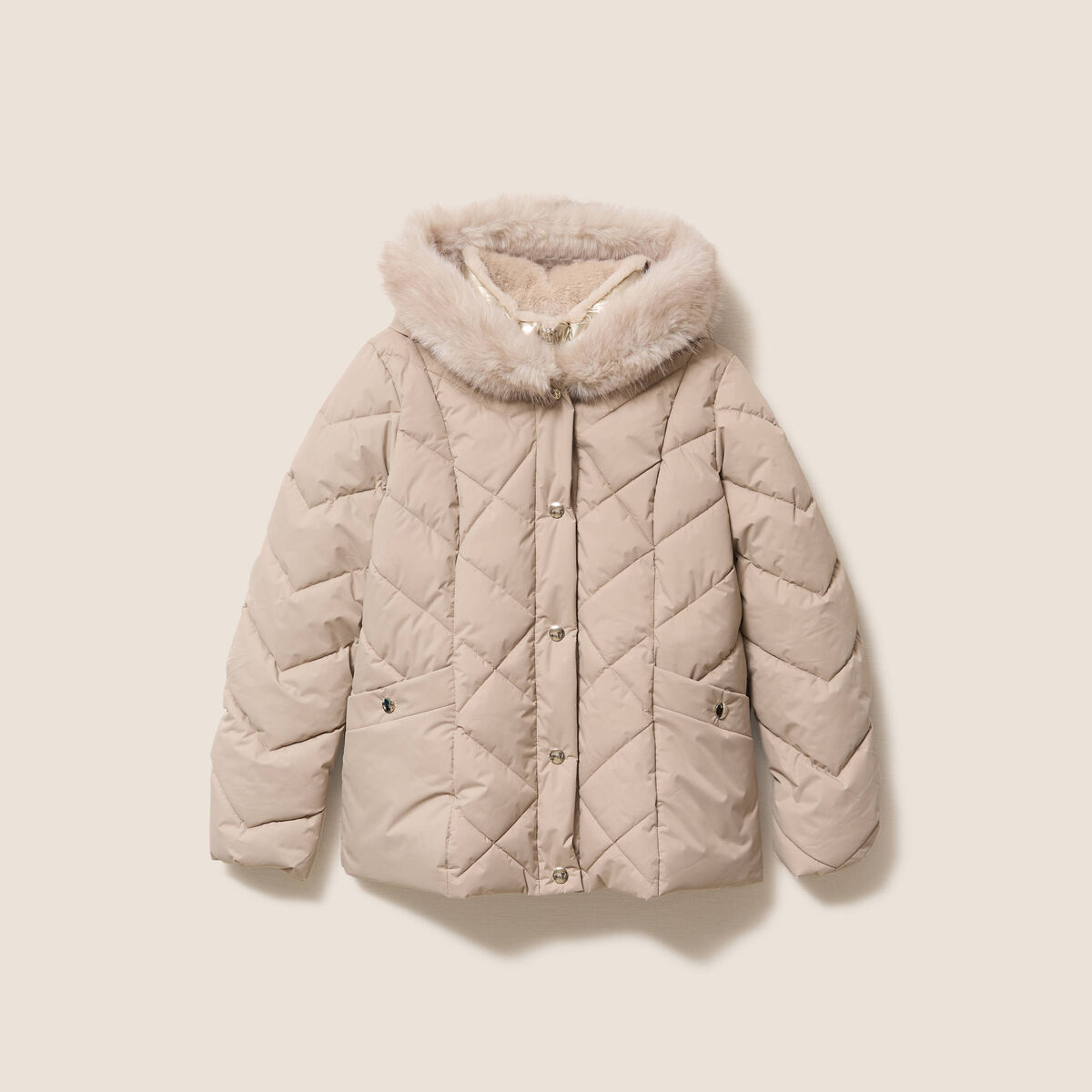 Doudoune ajust&eacute;e &agrave; capuche doubl&eacute;e beige femme
