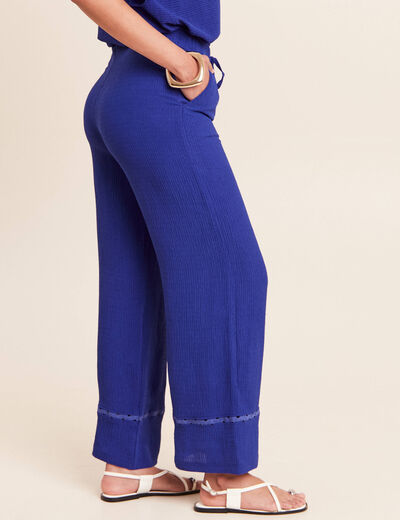 Pantalon large taille haute bleu fonc&eacute; femme