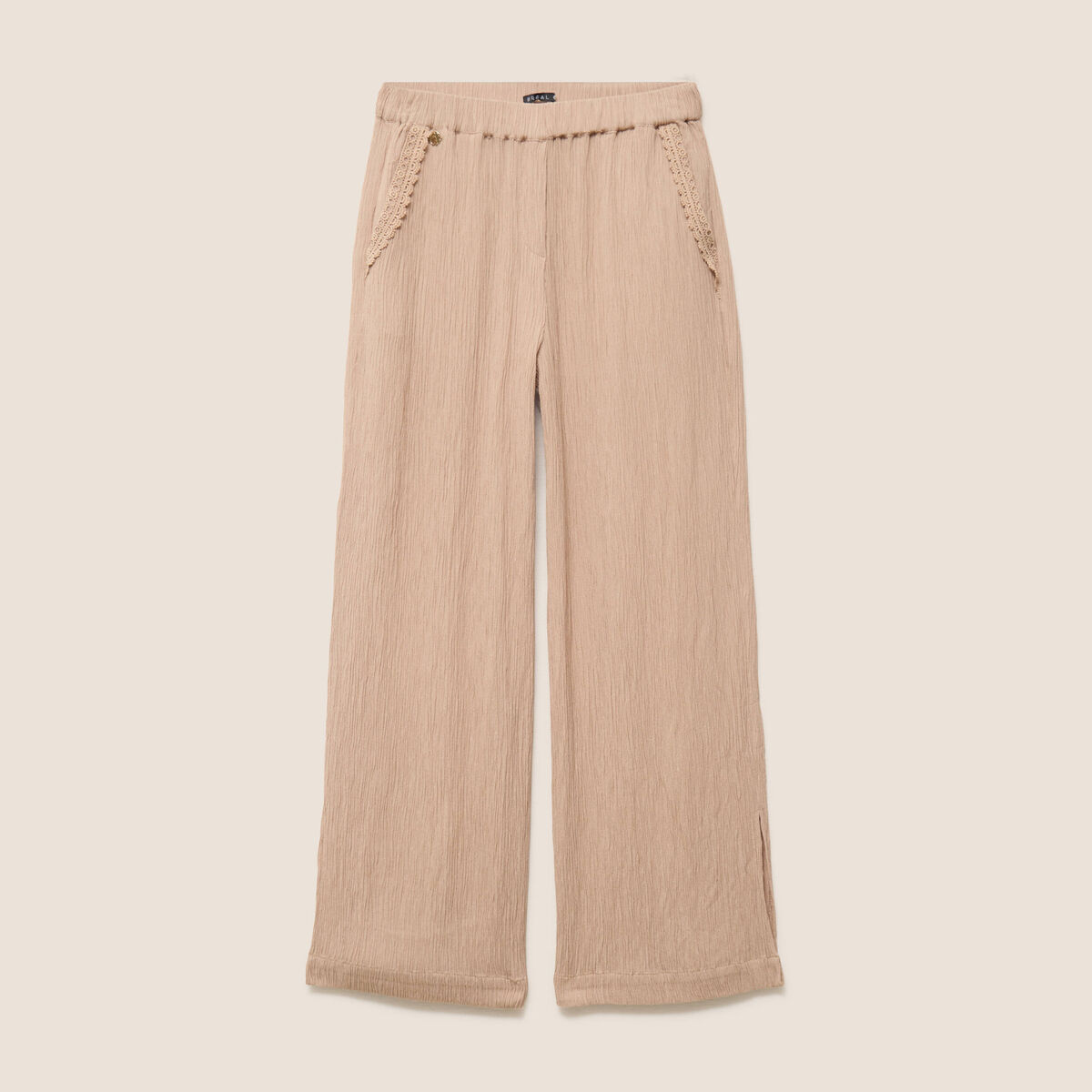 Pantalon large taille haute pliss&eacute; sable femme