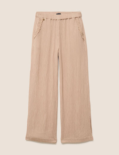 Pantalon large taille haute pliss&eacute; sable femme