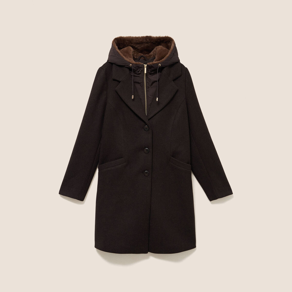 Manteau ajust&eacute; capuche amovible marron fonc&eacute; femme