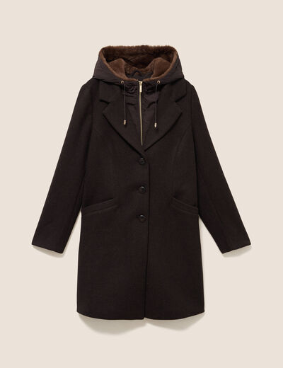 Manteau ajust&eacute; capuche amovible marron fonc&eacute; femme