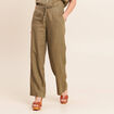 Pantalon large taille haute aspect lin vert kaki femme