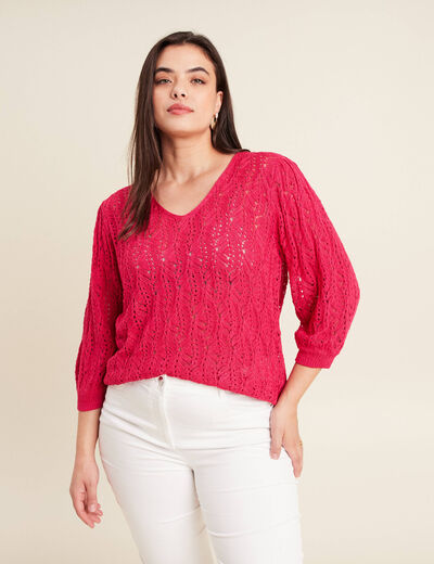 Pull manches 3/4 ajouré rose fushia femme