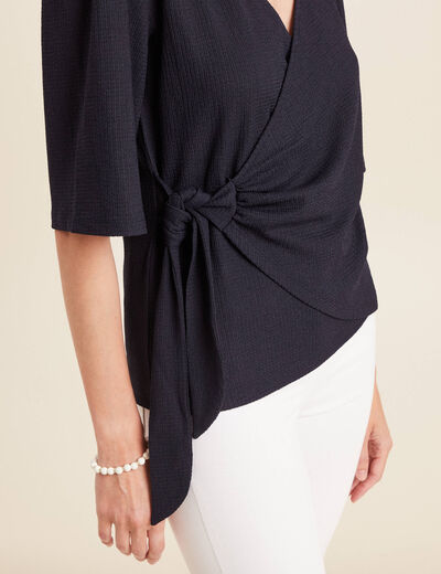 Blouse col V manches coude bleu foncé femme