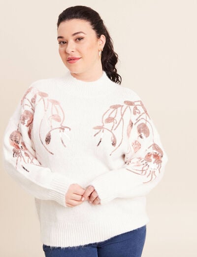 Pull col rond manches longues sequins ecru femme