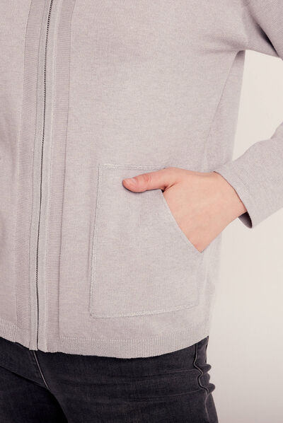 Gilet manches longues à capuche gris clair femme