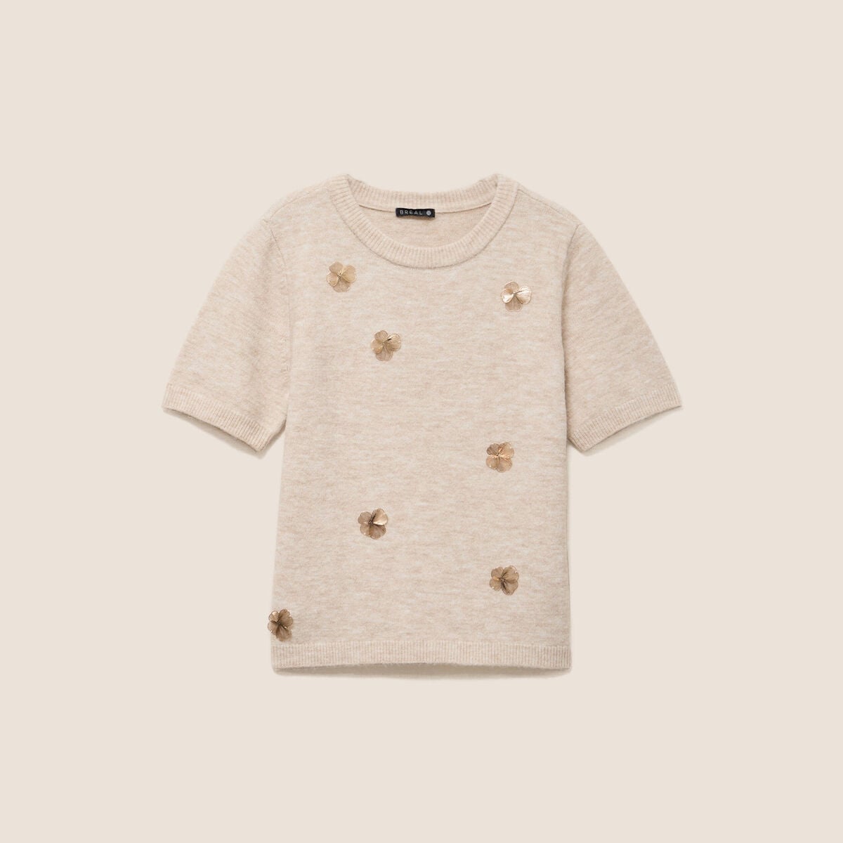 Pull manches courtes d&eacute;tails bijout&eacute;s beige femme