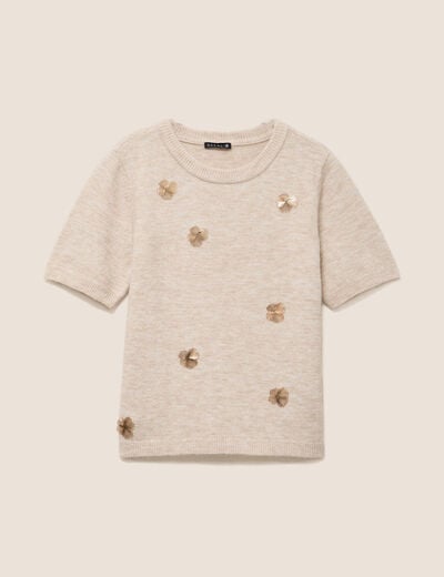Pull manches courtes d&eacute;tails bijout&eacute;s beige femme