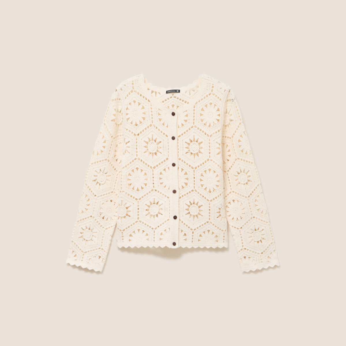 Gilet manches longues aspect dentelle ecru femme