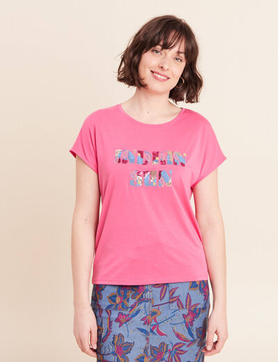T-shirt col rond manches courtes brod&eacute; rose fushia femme