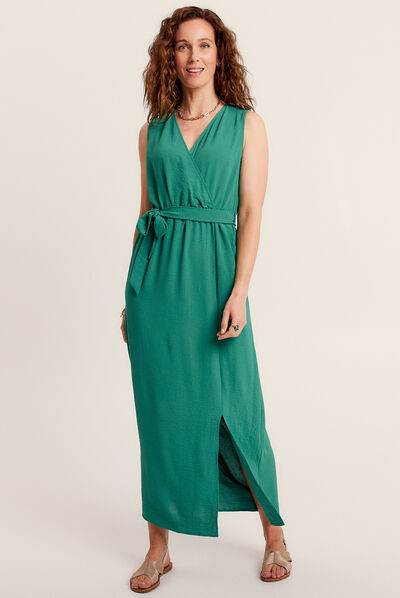 Robe longue droite ceinturée vert femme