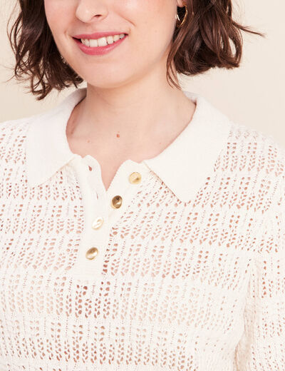 Pull col chemise manches courtes ecru femme