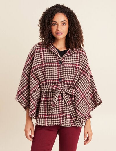 Poncho ceintur&eacute; boutonn&eacute; bordeaux femme