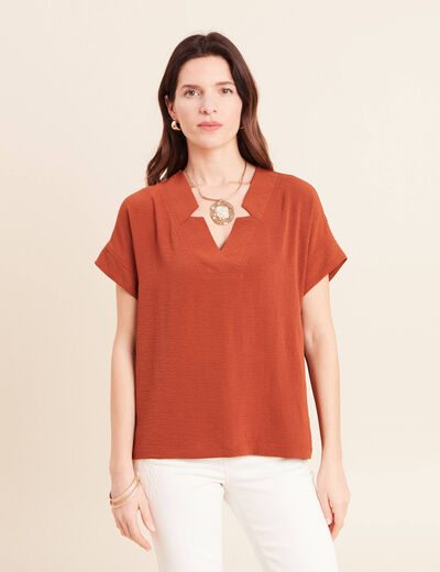 Blouse fluide manches courtes marron fonc&eacute; femme