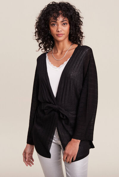 Gilet style kimono ceinturé noir femme