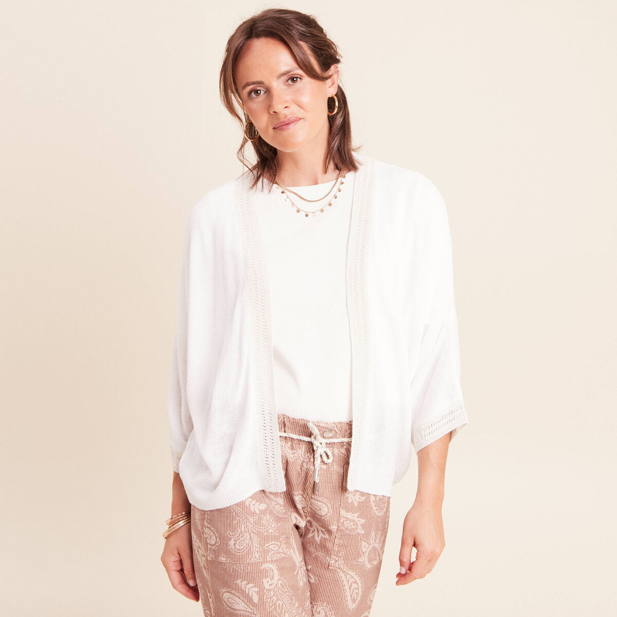 Gilet manches 3/4 ecru femme