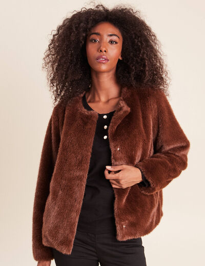 Manteau &agrave; capuche fausse fourrure marron fonc&eacute; femme