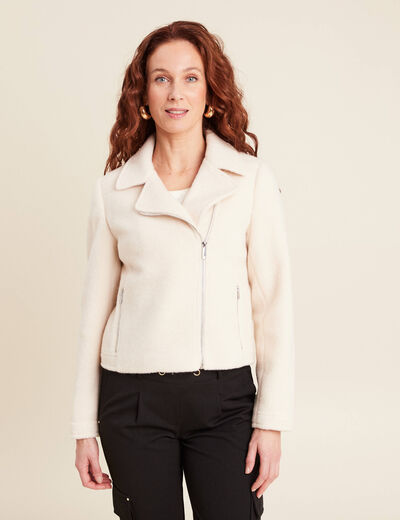 Veste esprit motard bouclette ecru femme