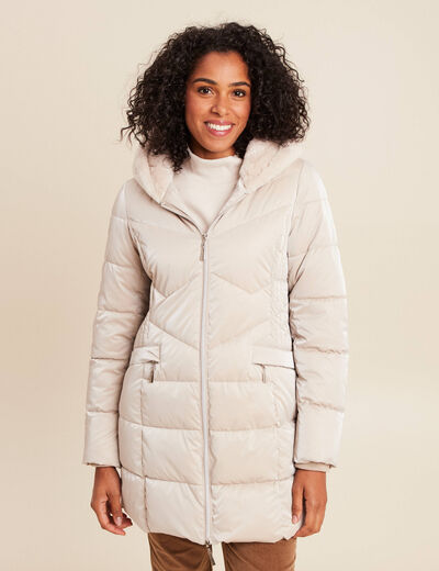 Doudoune mi-longue &agrave; capuche beige femme