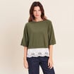 Pull bi-mati&egrave;re col bateau vert kaki femme